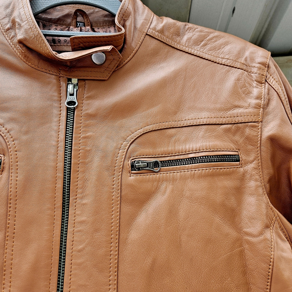 Classic Tan Cognac Supple LAMBSKIN Leather Biker Jacket MOTO size XXL Unisex - Picture 6 of 8